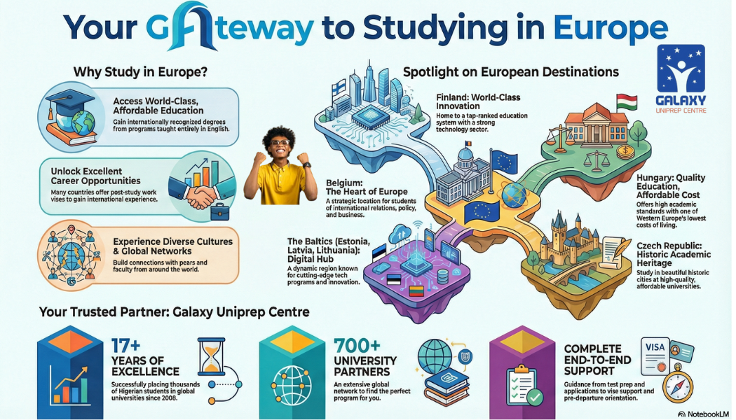 Study in Europe from Nigeria in 2026. Explore affordable education in Finland, Hungary, Belgium, and the Baltics with Galaxy Uniprep Centre, Abuja’s trusted testing and training partner